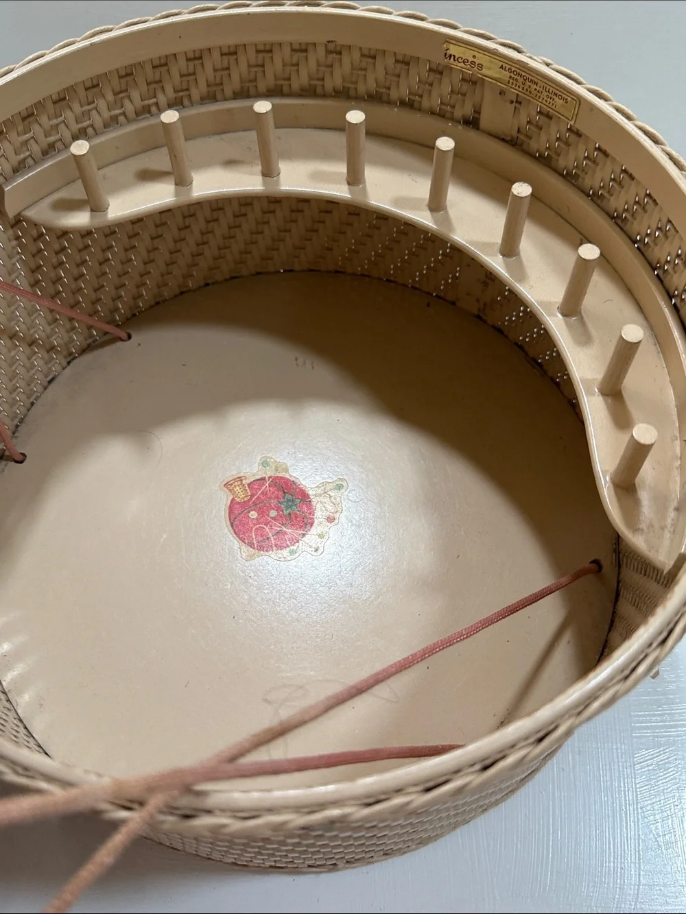 Vintage 1950’s Handcrafted Woven Sewing Basket with Cream Lid and Motif